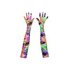 top view of vibrant 80s graffiti print opera length spandex gloves