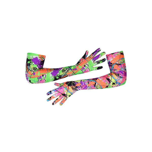 vibrant 80s graffiti print opera length spandex gloves posed with scooped arms
