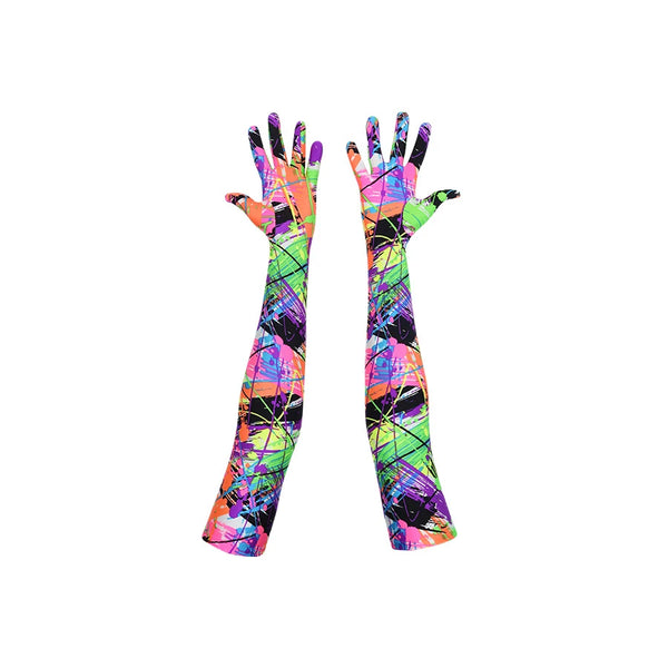 vibrant 80s graffiti print opera length spandex gloves with open palms