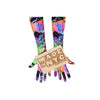 vibrant 80s graffiti print opera length spandex gloves holding wooden Made in NYC sign