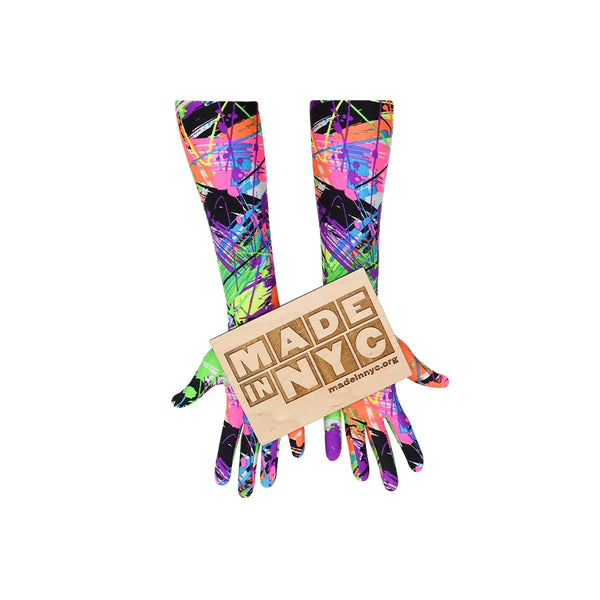 vibrant 80s graffiti print opera length spandex gloves holding wooden Made in NYC sign