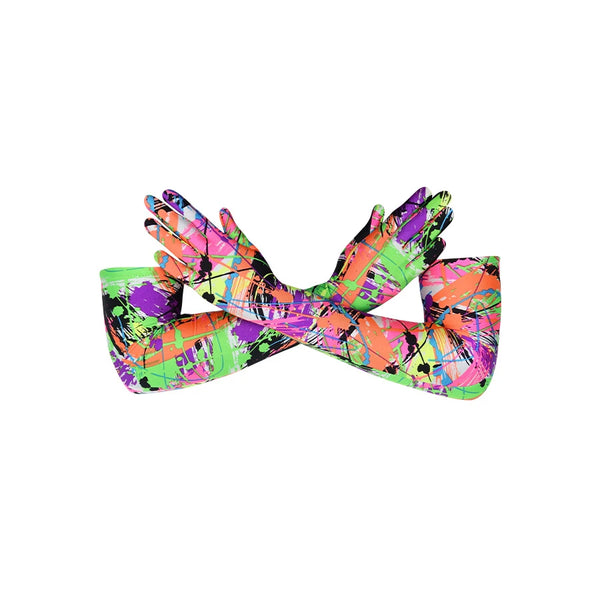 vibrant 80s graffiti print opera length spandex gloves posed with arms crossed