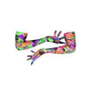 vibrant 80s graffiti print opera length spandex gloves with posed arms