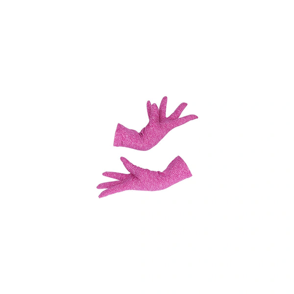 wrist length heathered fuchsia jersey knit gloves with posed hands