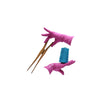 wrist length heathered fuchsia jersey knit gloves with a spool of blue thread resting on the left hand with the right hand hovered over holding a wooden clothespin
