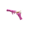 wrist length heathered fuchsia jersey knit gloves holding wooden clothespin