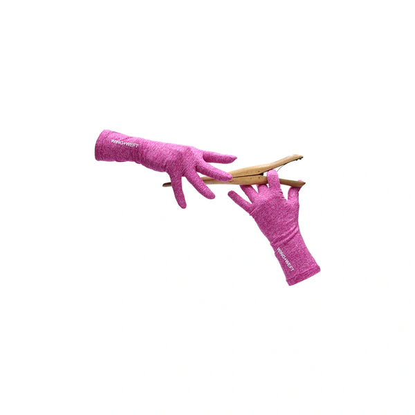 wrist length heathered fuchsia jersey knit gloves holding wooden clothespin