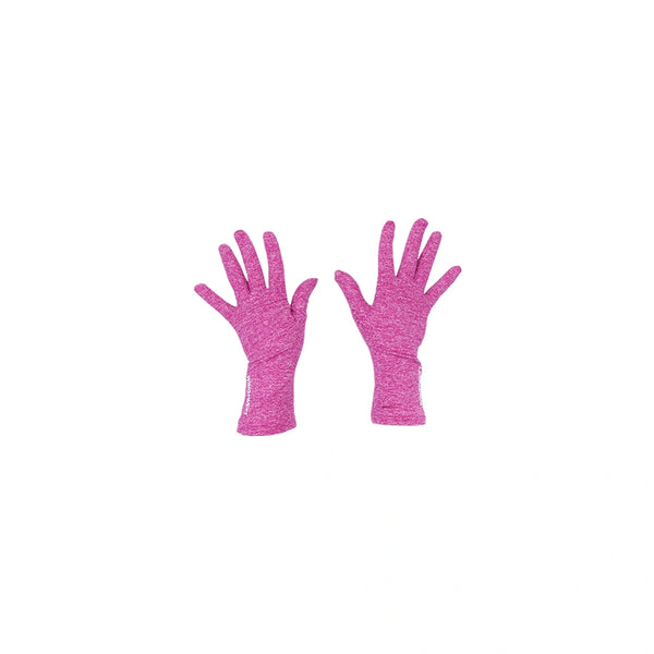top view of wrist length heathered fuchsia jersey knit gloves