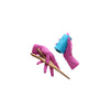 wrist length heathered fuchsia jersey knit gloves holding a wooden clothespin on the left and a spool of blue thread on the right