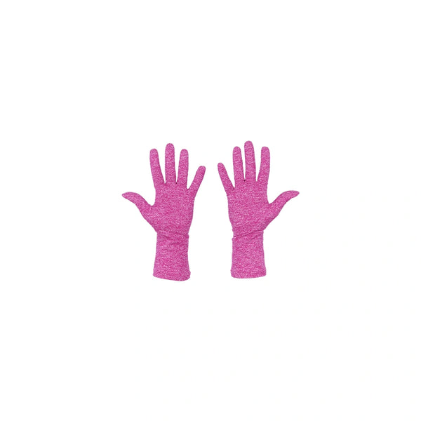 wrist length heathered fuchsia jersey knit gloves with open palms