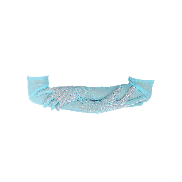 opera length bejeweled aquamarine mesh luxury gloves with arms crossed