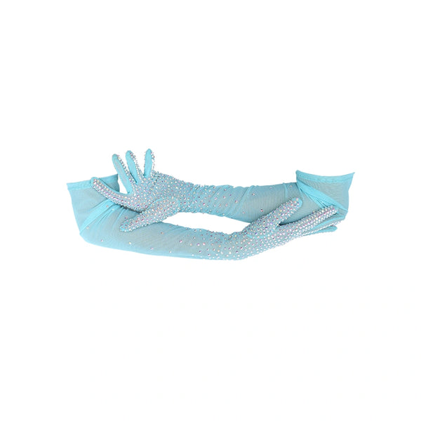 opera length bejeweled aquamarine mesh luxury gloves with arms cradled