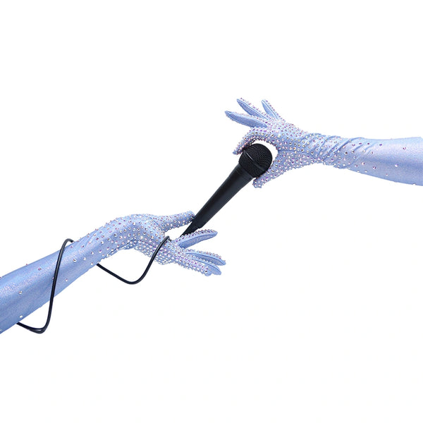 opera length bejeweled periwinkle silver foil spandex luxury gloves holding a microphone