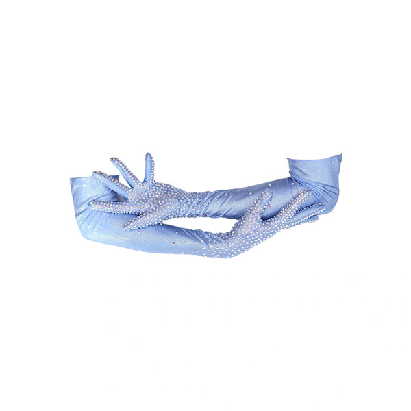 opera length bejeweled periwinkle silver foil spandex luxury gloves with cradle arms