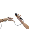 opera length bejeweled mocha silver metallic foil mesh luxury gloves holding a microphone