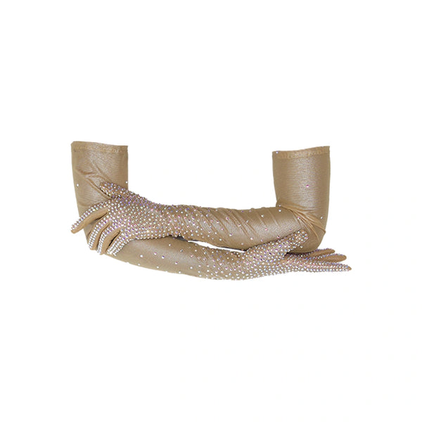 opera length bejeweled mocha silver metallic foil mesh luxury gloves with crossed arms and right hand resting on left forearm