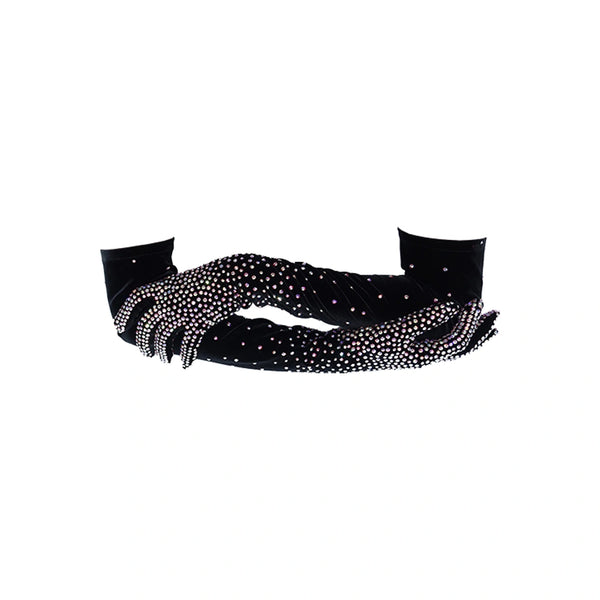 opera length bejeweled black velour luxury gloves with folded arms