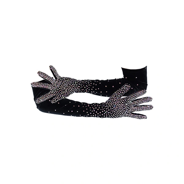 opera length bejeweled black velour luxury gloves with crossed arms