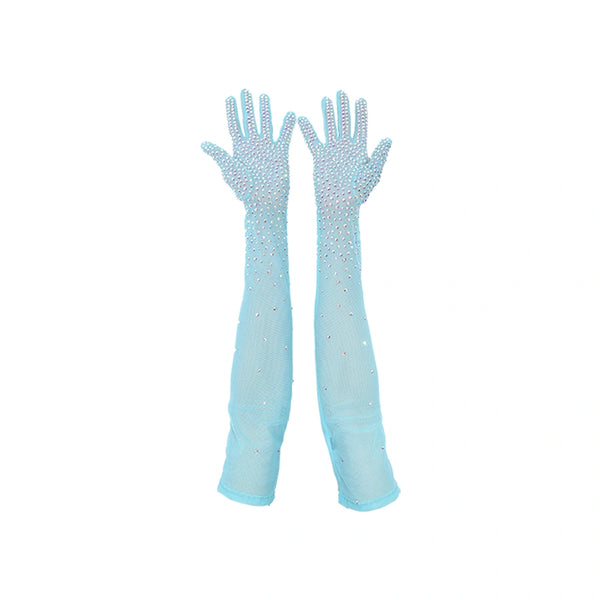 opera length bejeweled aquamarine mesh luxury gloves with open palms