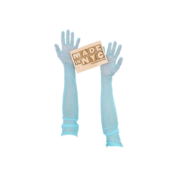 opera length bejeweled aquamarine mesh luxury gloves holding wooden Made in NYC sign