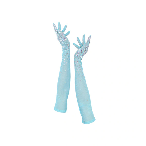 full view of opera length bejeweled aquamarine mesh luxury gloves