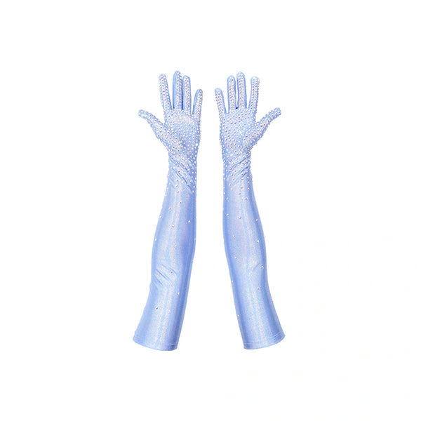 opera length bejeweled periwinkle silver foil spandex luxury gloves with open palms