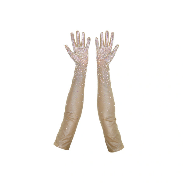 opera length bejeweled mocha silver metallic foil mesh luxury gloves with open palms