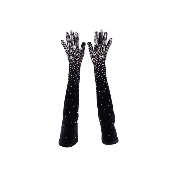 top view opera length bejeweled black velour luxury gloves