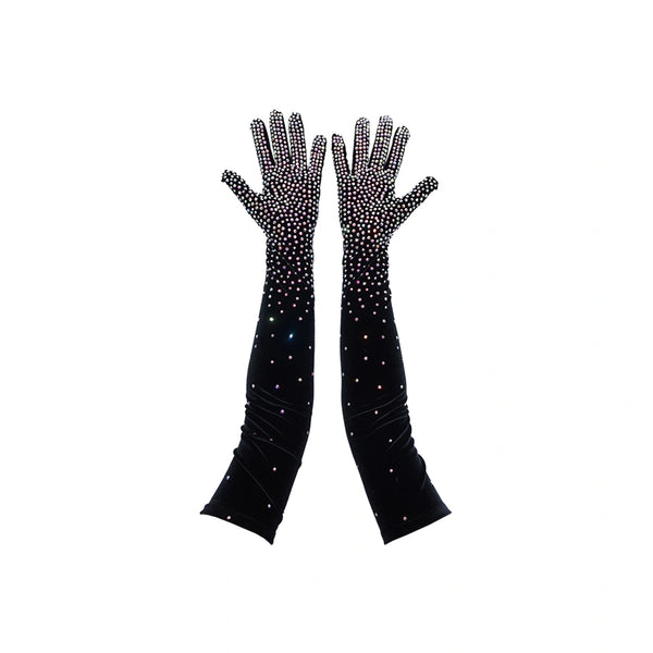 opera length bejeweled black velour luxury gloves with open palms