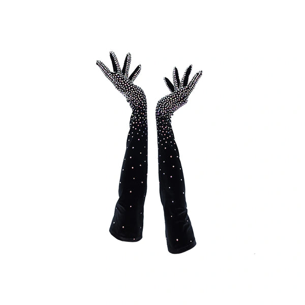 full view opera length bejeweled black velour luxury gloves