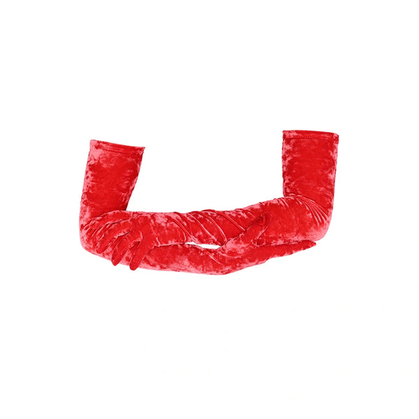 opera length red crushed velour gloves with arms crossed
