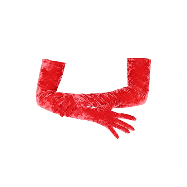 opera length red crushed velour gloves with right hand resting on left forearm