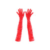top view of opera length red crushed velour gloves