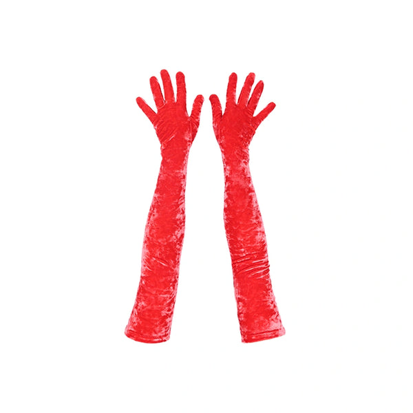 top view of opera length red crushed velour gloves