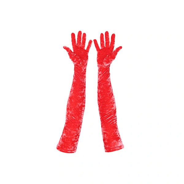 opera length red crushed velour gloves with open palms