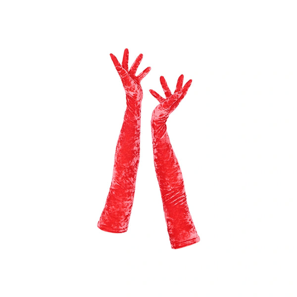 full view of opera length red crushed velour gloves
