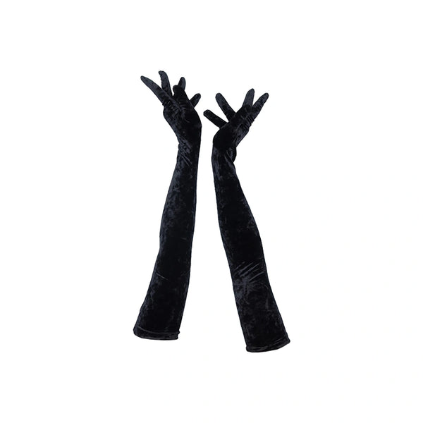 full view of opera length black crushed velour gloves