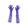 top view of opera length purple velour spandex gloves accented with holographic dots and bunched sleeves