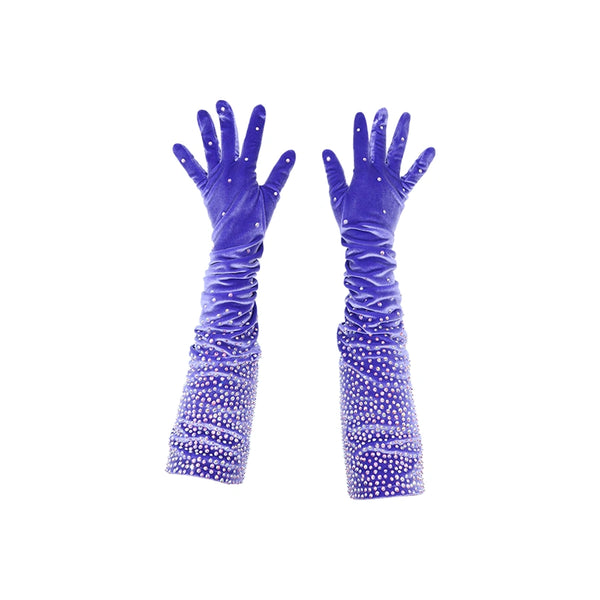 top view of opera length purple velour spandex gloves accented with holographic dots and bunched sleeves