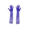 opera length purple velour spandex gloves accented with holographic dots with bunched sleeves open palms