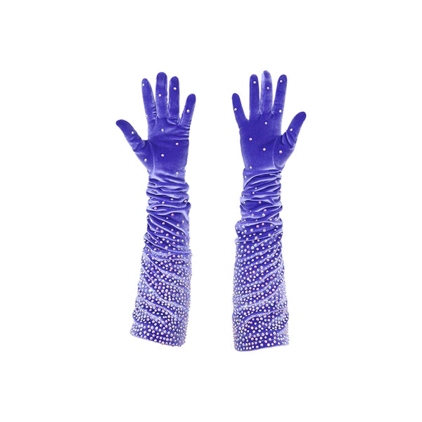 opera length purple velour spandex gloves accented with holographic dots with bunched sleeves open palms