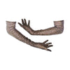 opera length black gold foil spandex gloves accented with holographic dots posed with scooped arms