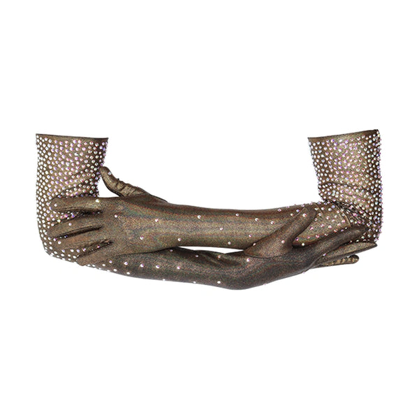 opera length black gold foil spandex gloves accented with holographic dots with arms folded