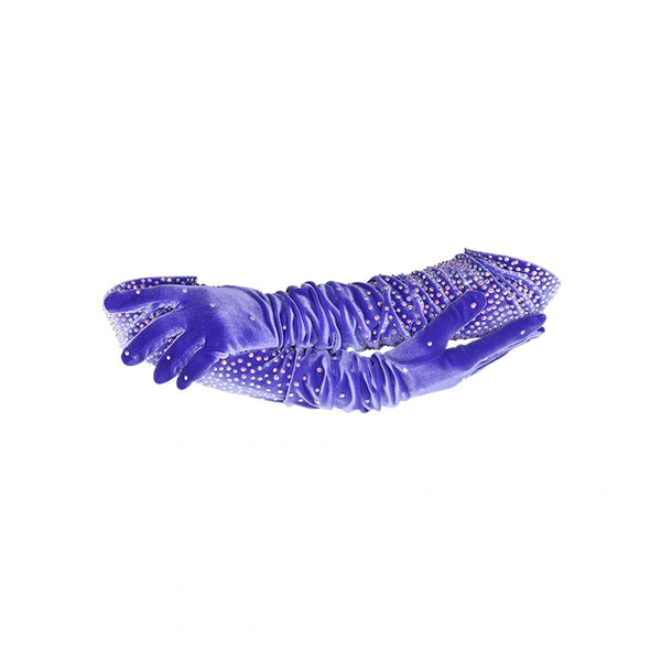 opera length purple velour spandex gloves accented with holographic dots with crossed arms