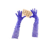 opera length purple velour spandex gloves accented with holographic dots holding wooden Made in NYC sign