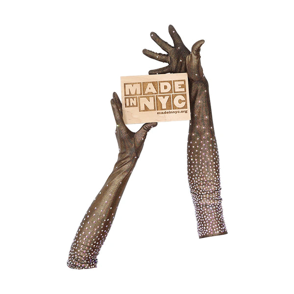 opera length black gold foil spandex gloves accented with holographic dots holding wooden Made in NYC sign