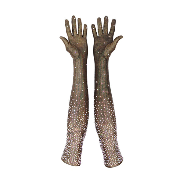 opera length black gold foil spandex gloves accented with holographic dots open palms