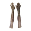 top view of opera length black gold foil spandex gloves accented with holographic dots