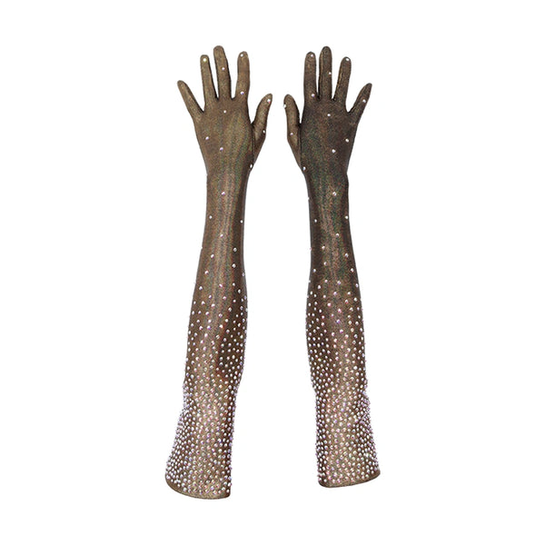 top view of opera length black gold foil spandex gloves accented with holographic dots