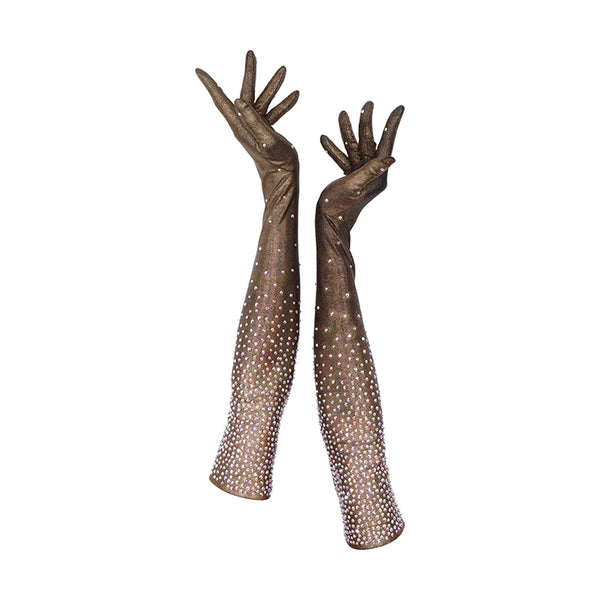 full view of opera length black gold foil spandex gloves accented with holographic dots